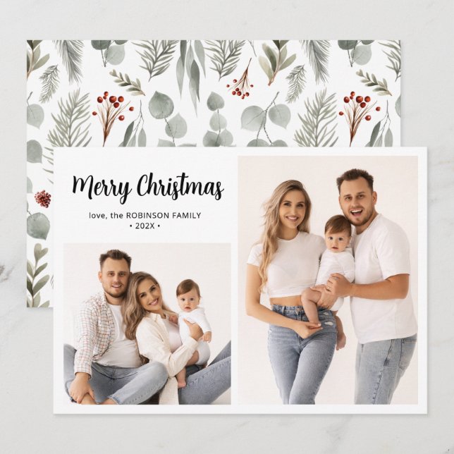 Winter Botanical Script 2 Photo Collage Christmas Holiday Card (Front/Back)