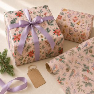 Winter Botanical Vintage Ornaments Woodland Birds Wrapping Paper Sheet