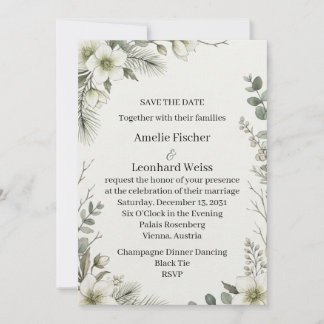 Winter Botanical White Floral Save The Date Weddin Invitation