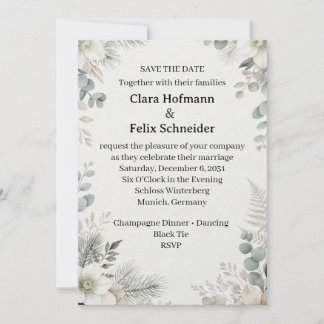 Winter Botanical White Floral Save The Date Weddin Invitation