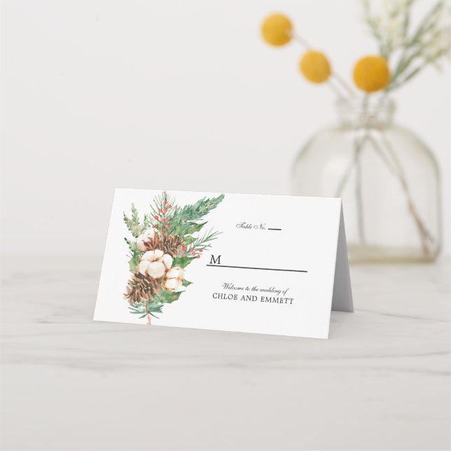 Winter Botanical White Floral Wedding Folded Place Card (Front)