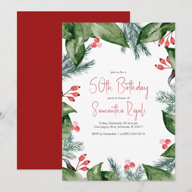 Winter Botanicals 50th Birthday Invitations (Front/Back)