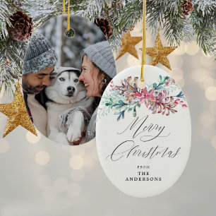 Winter Botanicals Beige Photo Merry Christmas Ceramic Tree Decoration