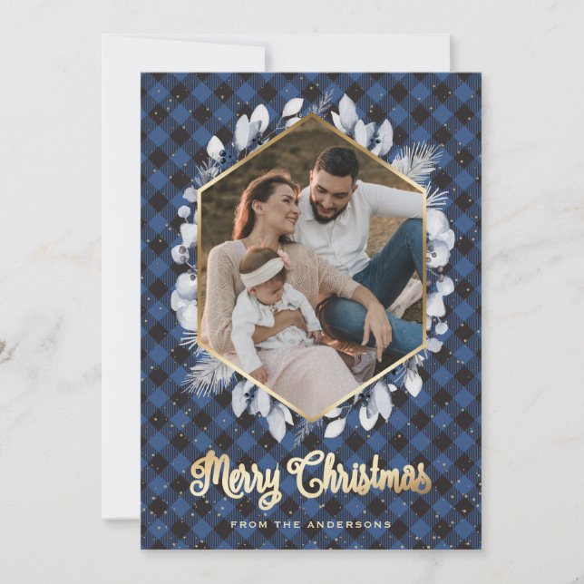 Winter Botanicals Blue Gold Plaid Photo Christmas Holiday Card (Front)