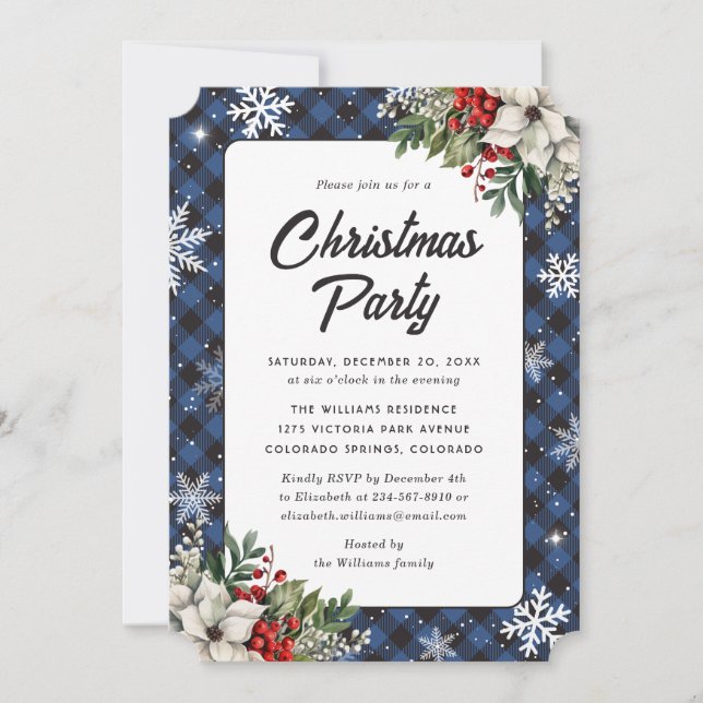 Winter Botanicals Blue Plaid Christmas Party Invitation (Front)