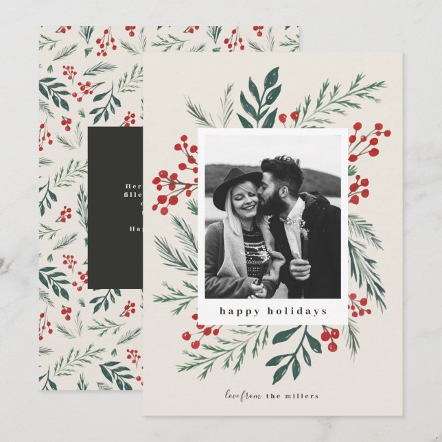 Winter Botanicals Christmas Photo Beige  Holiday Card (Front/Back)