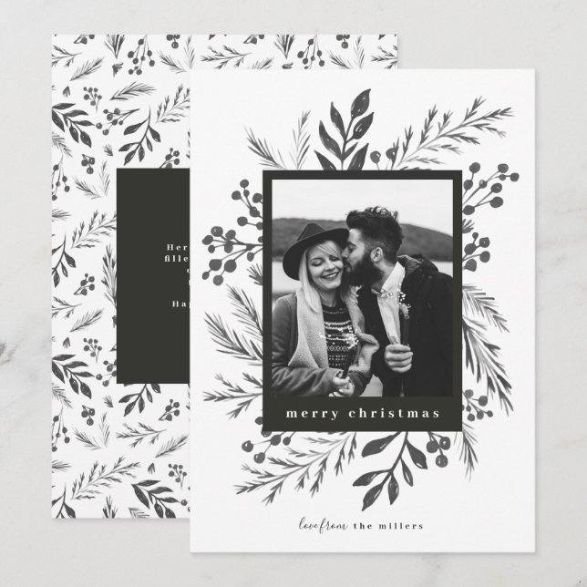 Winter Botanicals Christmas Photo Black and White Holiday Card (Front/Back)
