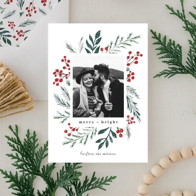 Winter Botanicals Christmas Photo Classic Colours Holiday Card (Creator Uploaded)