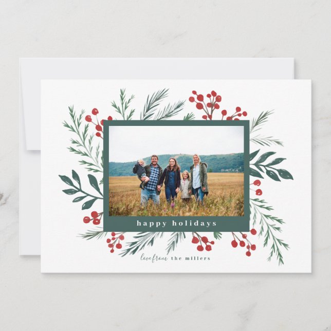 Winter Botanicals Christmas Photo Green Landscape Holiday Card (Front)