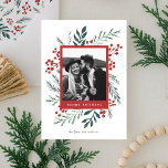 Winter Botanicals Christmas Photo Red Happy Holiday Card<br><div class="desc">This completely customisable 1- photo holiday card features elegant hand-painted watercolor wintery botanicals that beautifully frame your photo. Comes with a matching pattern on the back and room to write a personalised message. Want to customise even more? Click on the “Edit using Design Tool.” This design is part of a...</div>