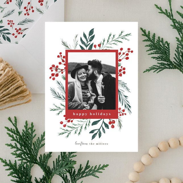 Winter Botanicals Christmas Photo Red Happy Holiday Card (Creator Uploaded)