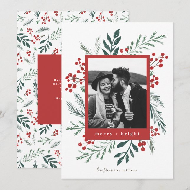 Winter Botanicals Christmas Photo Red Holiday Card (Front/Back)