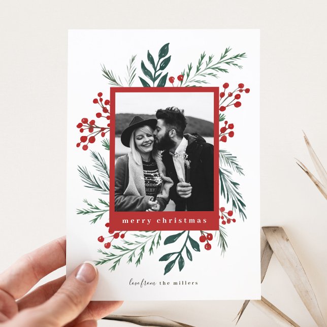 Winter Botanicals Christmas Photo Red Holiday Card (Creator Uploaded)