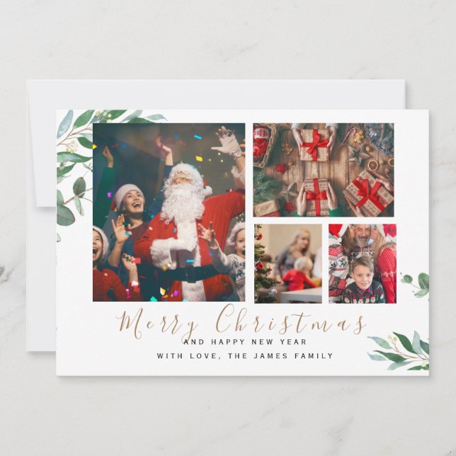 Winter Botanicals Elegant 4 Pictures Christmas Holiday Card (Front)