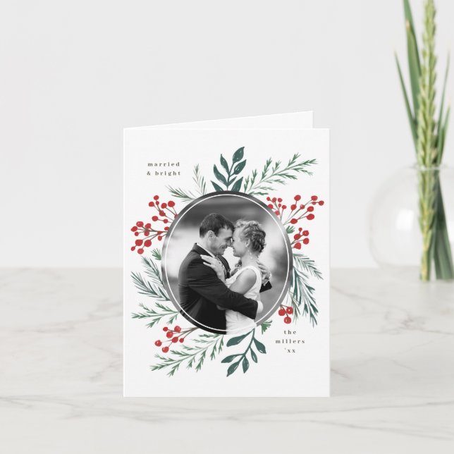 Winter Botanicals Elegant Married Holiday Photo Card (Front)