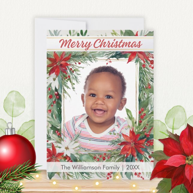 Winter Botanicals Festive Photo Merry Christmas Holiday Card (A Christmas card with botanical greenery, red and white poinsettia flowers and custom photo and name)