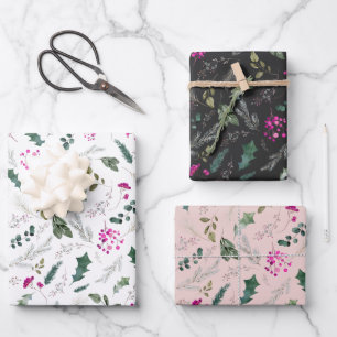 Winter Botanicals & Fuchsia Berries Gift Wrapping Paper Sheet