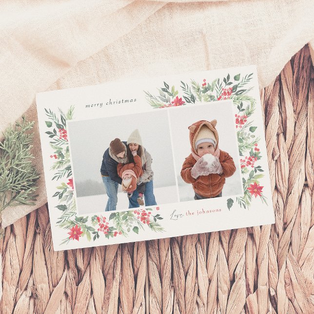 Winter Botanicals & Holly Merry Christmas 2 Photo Holiday Card (Creator Uploaded)