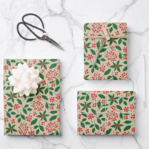 Winter Botanicals Holly Red Berries Christmas Wrapping Paper Sheet