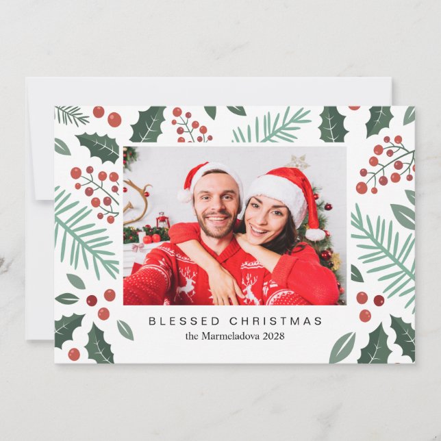 Winter Botanicals Merry Christmas Photo Red Holiday Card (Front)