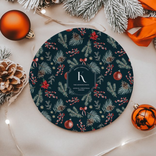 Winter Botanicals | Monogram Christmas Paper Plate (Creator Uploaded)