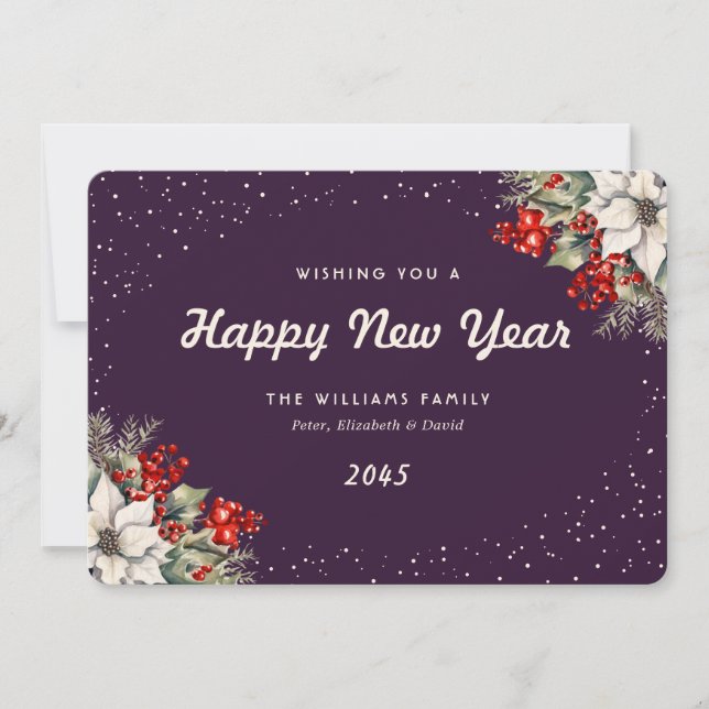 Winter Botanicals Snow Purple New Year Card (Front)