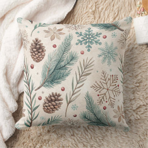 Winter Botanicals & Snowflakes - Rustic Holiday 1 Cushion