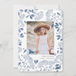 Winter Bouquet | Hanukkah Photo Card<br><div class="desc">Elegant Hanukkah photo card features a favourite vertical or portrait orientated photo surrounded by a border of delicate blue botanical foliage and tiny watercolor flower blossoms. Your custom holiday greeting and family name or names appear beneath your photo in chic grey lettering. Personalise the back with two additional photos and...</div>