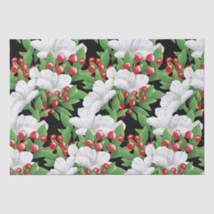 Winter Bouquet White Red Green Floral   Black Tissue Paper