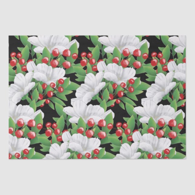 Winter Bouquet White Red Green Floral | Black Tissue Paper (Front)
