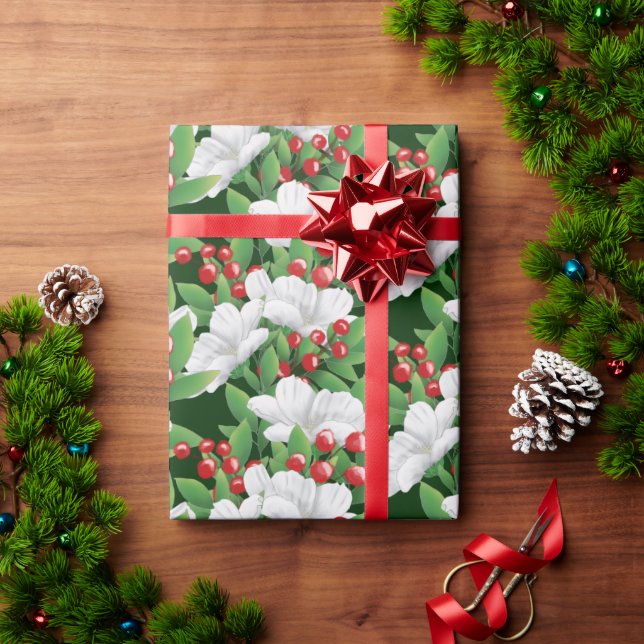 Winter Bouquet White Red Green Floral | Green Wrapping Paper (Holiday Gift)