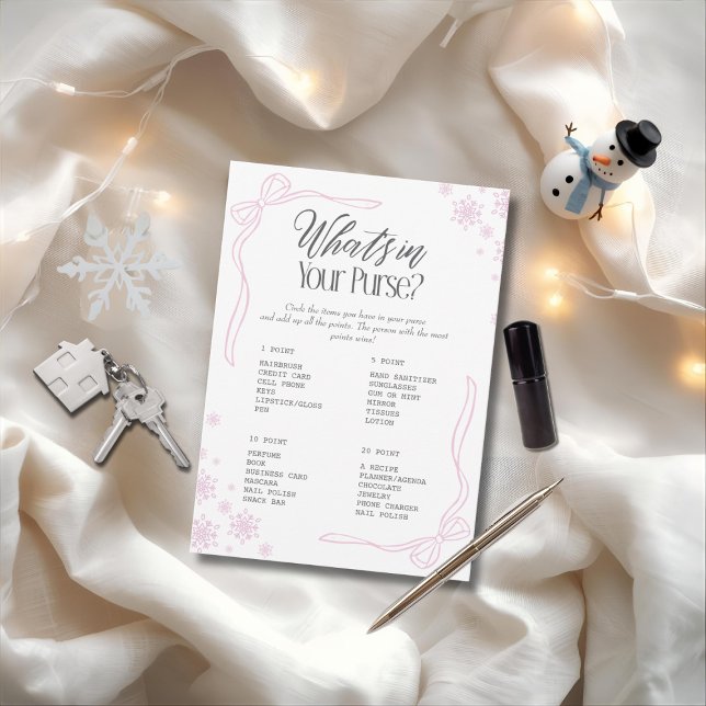 Winter Bow pink What's In your Purse? Game Invitation (Winter Bow pink What's In your Purse? Game)