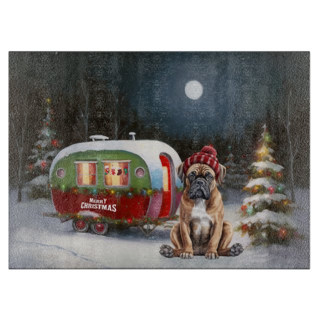 Winter Boxer Caravan Christmas Adventure Cutting Board (Front)