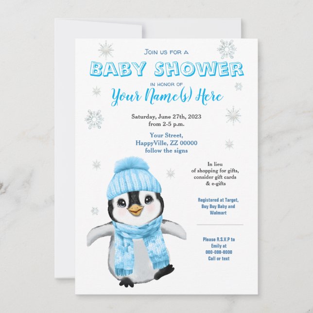 Winter Boy Penguin Baby Shower BlueInvitation Invitation (Front)