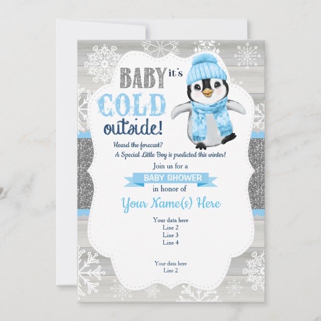 Winter Boy Penguin Invitation for Boy Baby Shower (Front)