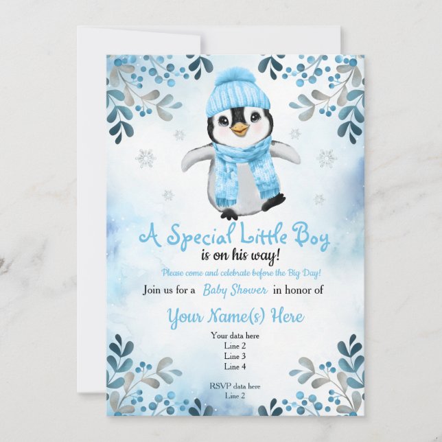 Winter Boy Penguin Shower invitation Blue Snow (Front)