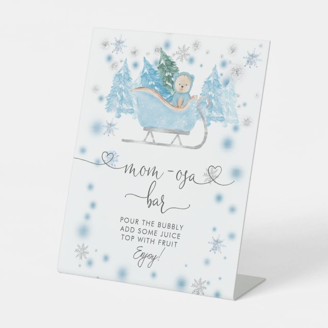 Winter Boy Woodland Bear Sleigh Mum-osa Bar Pedestal Sign (Front)