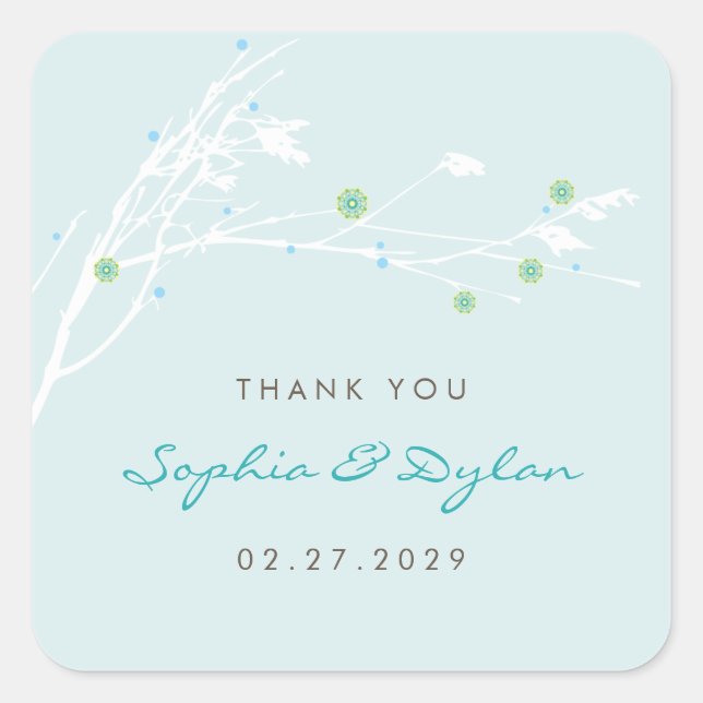 Winter Branch Snow Flower Wedding Thank You Square Sticker (Front)