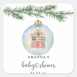 Winter branch with toy baby shower square sticker