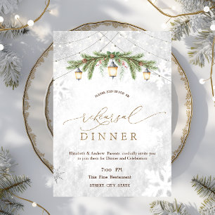 Winter Branches Lantern Snowflake Rehearsal Dinner Invitation