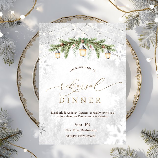 Winter Branches Lantern Snowflake Rehearsal Dinner Invitation (Creator Uploaded)