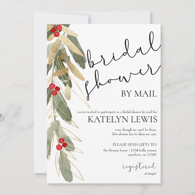 Winter Bridal Shower by Mail Invitation Gold Holly (Front)