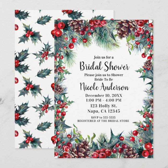 Winter Bridal Shower Holiday Holly & Pine Cones Invitation (Front/Back)