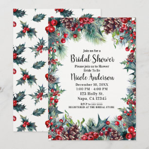 Winter Bridal Shower Holiday Holly & Pine Cones Invitation