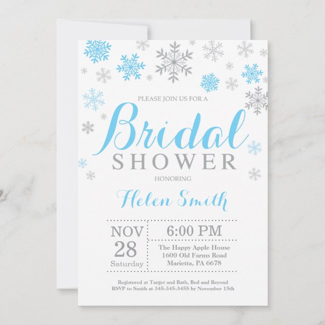 Winter Bridal Shower Invitation Blue Snowflake (Front)
