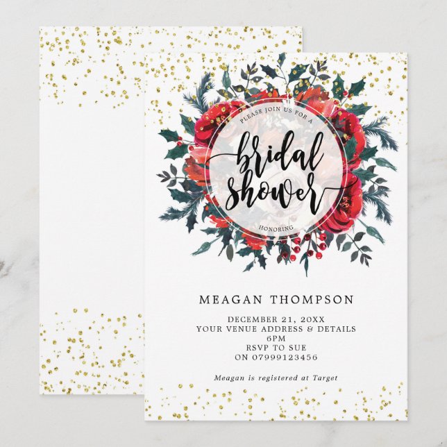winter bridal shower invitation gold glitter (Front/Back)
