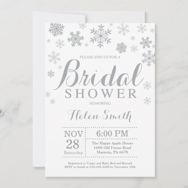 Winter Bridal Shower Invitation Grey Snowflake (Front)