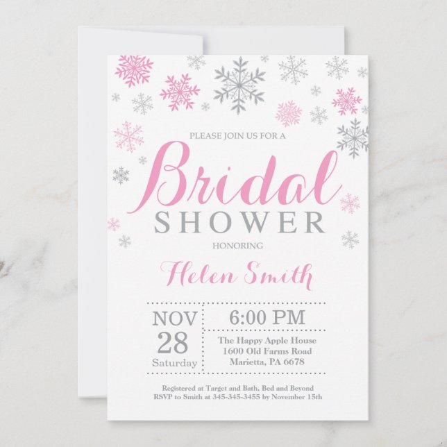 Winter Bridal Shower Invitation Pink Snowflake (Front)