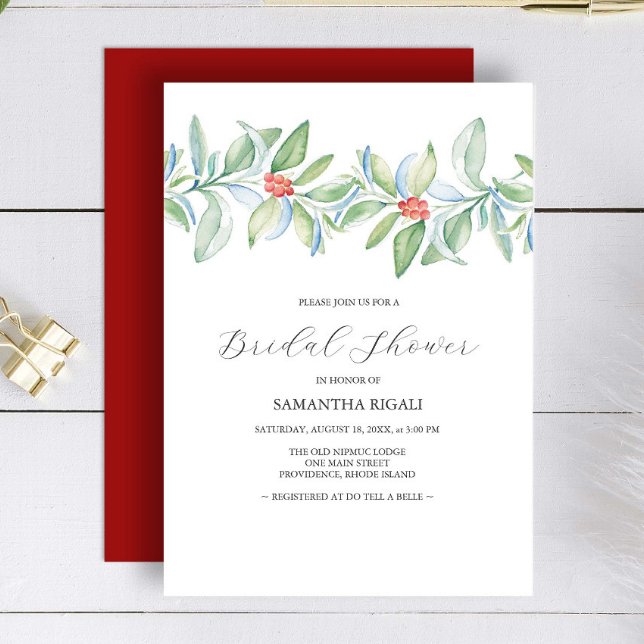 Winter Bridal Shower Invitations Watercolor  (Winter bridal shower theme features Christmas Watercolor art by Victoria Grigaliunas Do Tell A Belle)