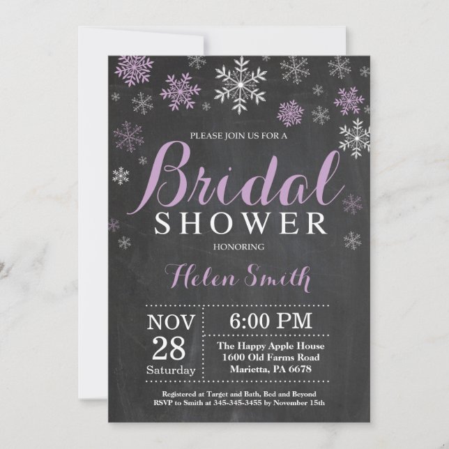 Winter Bridal Shower Purple and White Snowflake Invitation (Front)